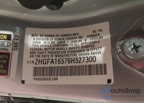 2006 Honda Civic Lx z USA, uszkodzony, nr VIN 2HGFA16576H527300